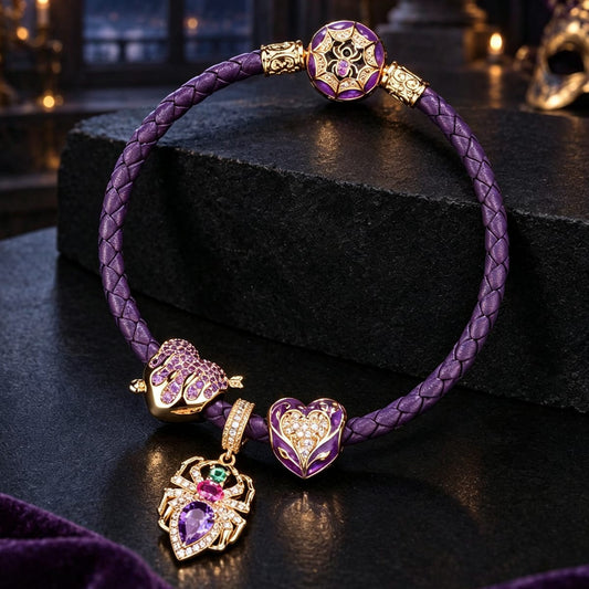 gona- Halloween Purple Spider Web & Heart Charm Bracelet Set in Tarnish-Resistant Silver with 14K Gold Plating (Includes Bracelet and All Charms Shown)