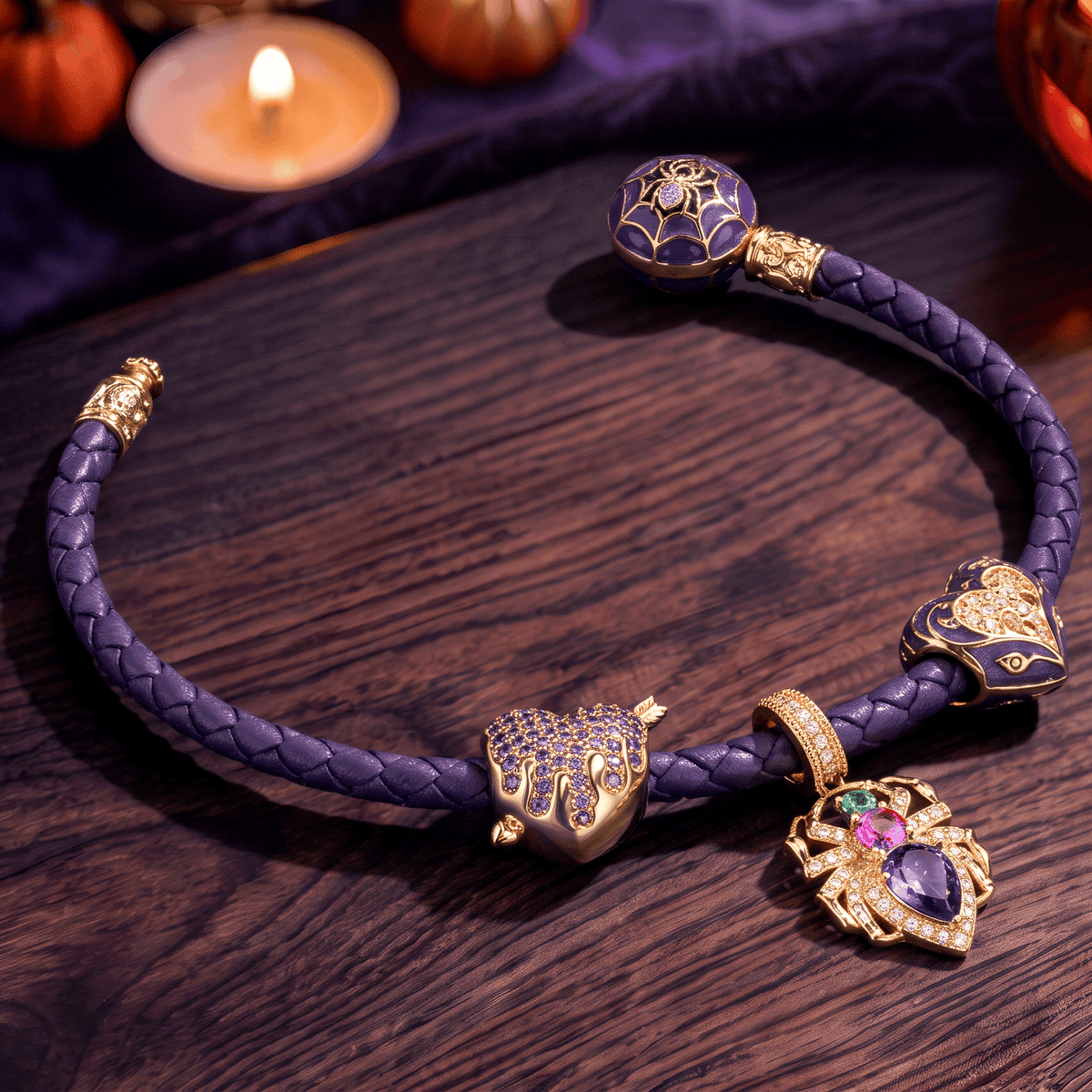 Halloween Purple Spider Web & Heart Charm Bracelet Set in Tarnish-Resistant Silver with 14K Gold Plating (Includes Bracelet and All Charms Shown)