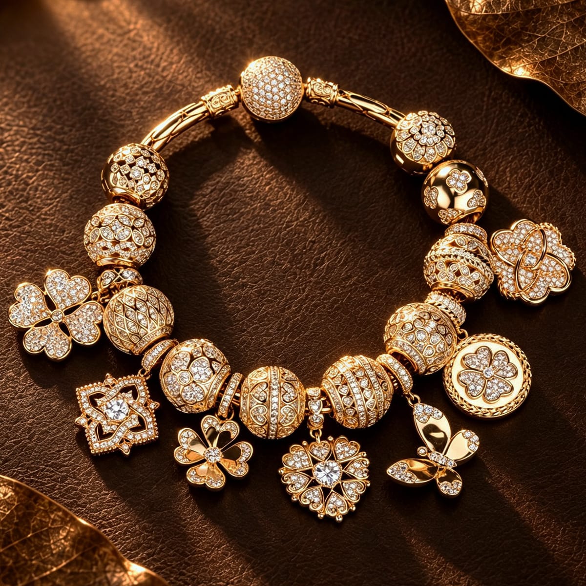 Elegant Golden Clover & Floral Charm Bracelet Set in Tarnish-Resistant Silver with 14K Gold Plated (Includes Bracelet and All Charms Shown)