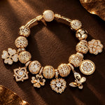 Elegant Golden Clover & Floral Charm Bracelet Set in Tarnish-Resistant Silver with 14K Gold Plated (Includes Bracelet and All Charms Shown)