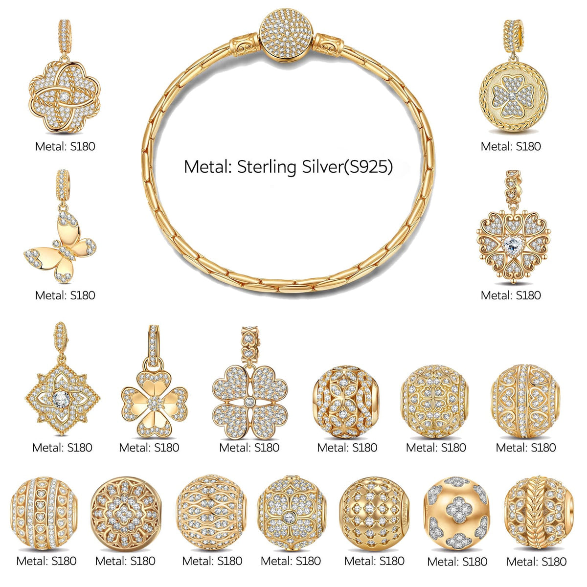 Elegant Golden Clover & Floral Charm Bracelet Set in Tarnish-Resistant Silver with 14K Gold Plated (Includes Bracelet and All Charms Shown)