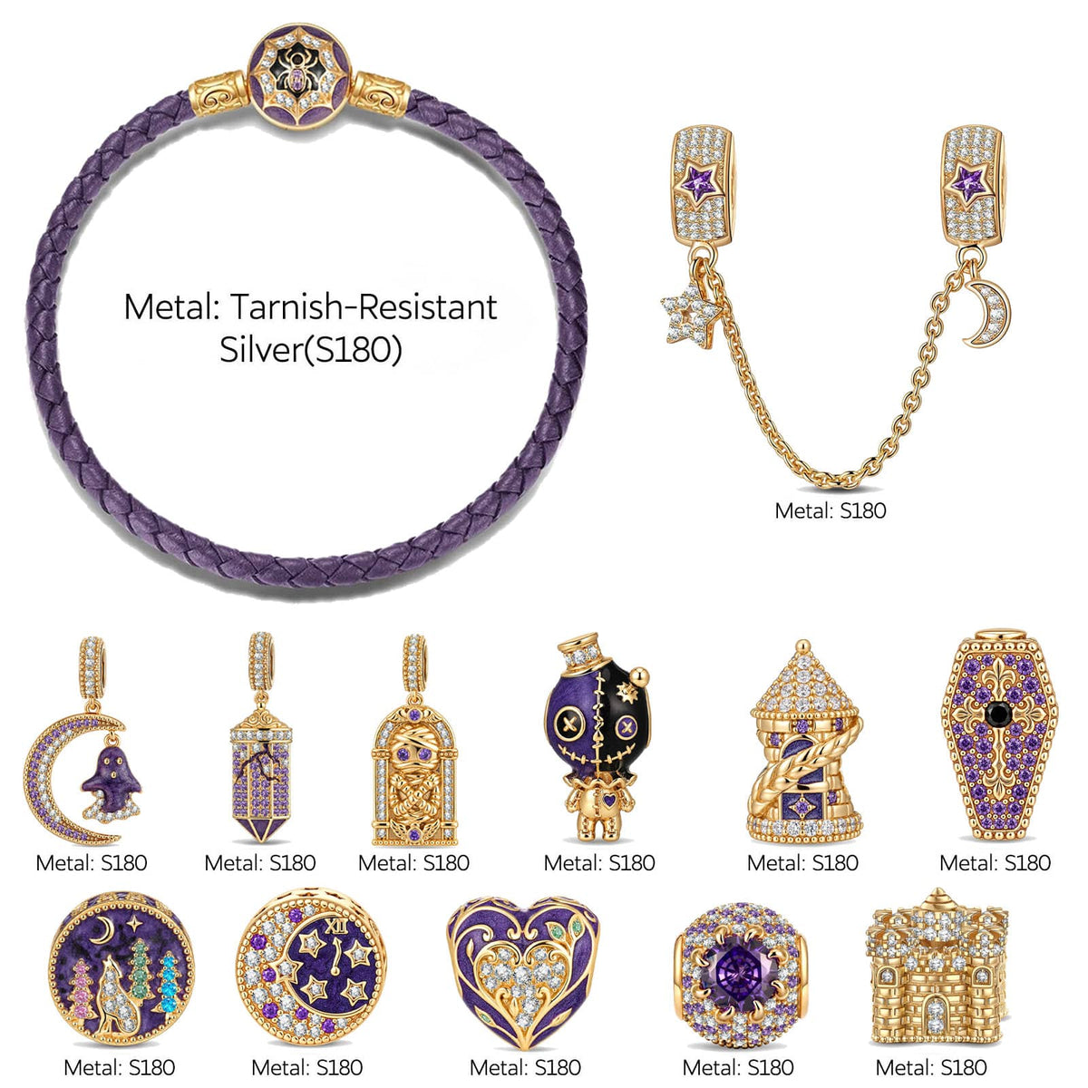 Midnight Manor Gothic Halloween Curated Charm Bracelet Set with Purple Braided Cord in Tarnish-Resistant Silver with 14K Gold Plating (Includes Bracelet And All Charms Shown)
