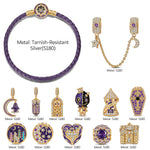 Midnight Manor Gothic Halloween Curated Charm Bracelet Set with Purple Braided Cord in Tarnish-Resistant Silver with 14K Gold Plating (Includes Bracelet And All Charms Shown)