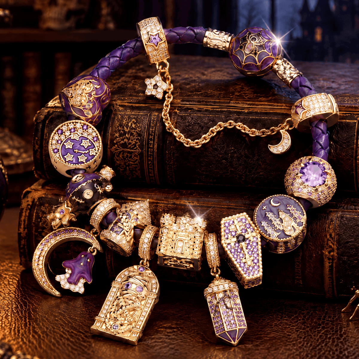 Midnight Manor Gothic Halloween Curated Charm Bracelet Set with Purple Braided Cord in Tarnish-Resistant Silver with 14K Gold Plating (Includes Bracelet And All Charms Shown)