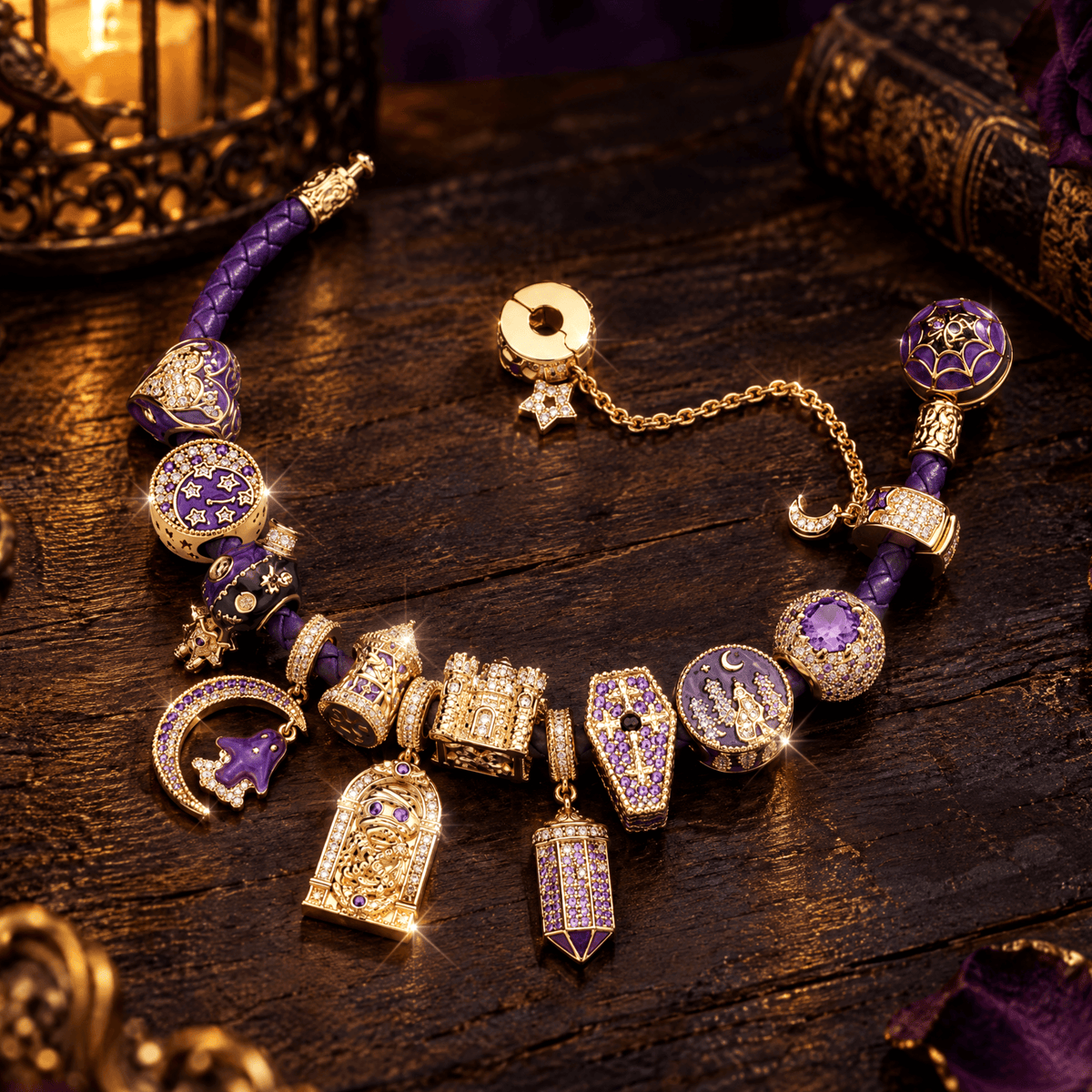 Midnight Manor Gothic Halloween Curated Charm Bracelet Set with Purple Braided Cord in Tarnish-Resistant Silver with 14K Gold Plating (Includes Bracelet And All Charms Shown)