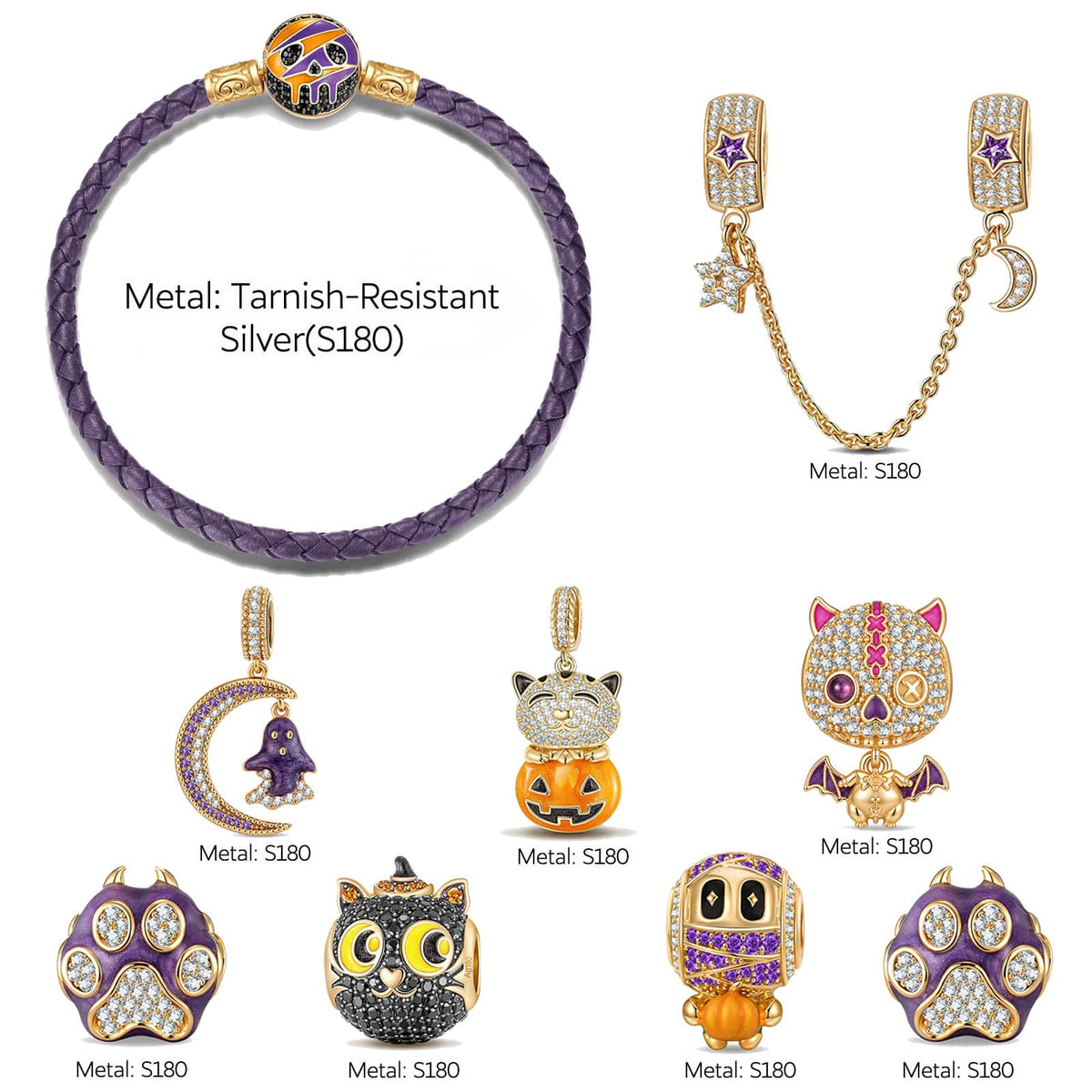 Enchanted Halloween Night Curated Charm Bracelet Set with Purple Braided Cord in Tarnish-Resistant Silver with 14K Gold Plating (Includes Bracelet And All Charms Shown)