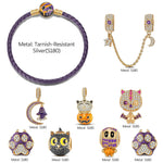 Enchanted Halloween Night Curated Charm Bracelet Set with Purple Braided Cord in Tarnish-Resistant Silver with 14K Gold Plating (Includes Bracelet And All Charms Shown)