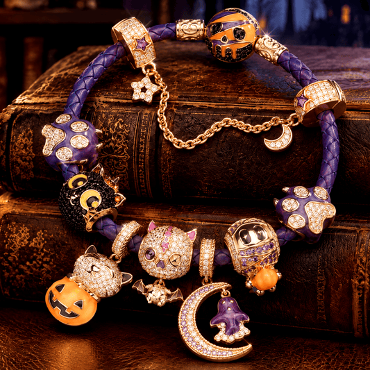 gona- Enchanted Halloween Night Curated Charm Bracelet Set with Purple Braided Cord in Tarnish-Resistant Silver with 14K Gold Plating (Includes Bracelet And All Charms Shown)