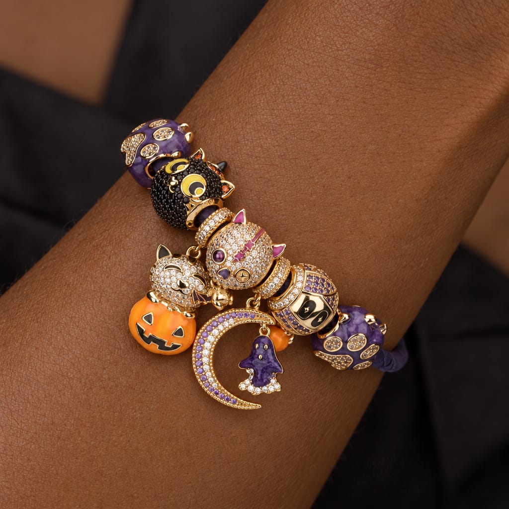 Enchanted Halloween Night Curated Charm Bracelet Set with Purple Braided Cord in Tarnish-Resistant Silver with 14K Gold Plating (Includes Bracelet And All Charms Shown)