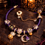 Enchanted Halloween Night Curated Charm Bracelet Set with Purple Braided Cord in Tarnish-Resistant Silver with 14K Gold Plating (Includes Bracelet And All Charms Shown)