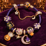 Enchanted Halloween Night Curated Charm Bracelet Set with Purple Braided Cord in Tarnish-Resistant Silver with 14K Gold Plating (Includes Bracelet And All Charms Shown)
