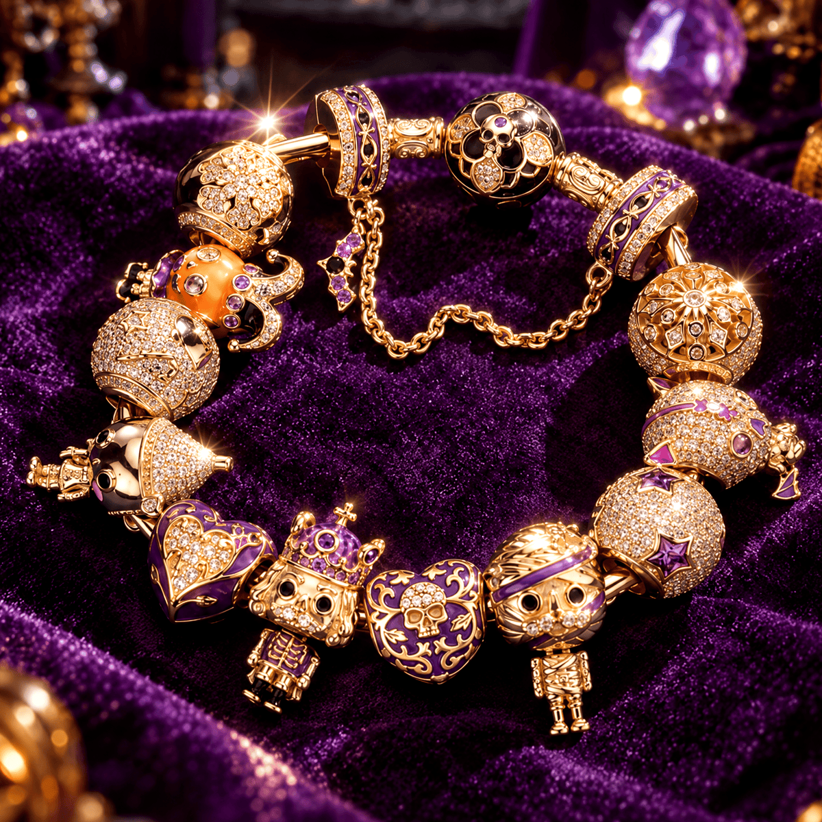 Halloween Midnight Tarnish-resistant Silver Parade Charm Bracelet Set In 14K Gold Plated (Includes Bracelet And All Charms Shown)