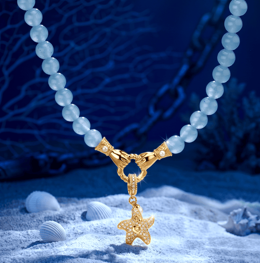 gona- Coastal Pavé Starfish Claddagh Hand Clasp Interchangeable Dangle Charm Holder Aquamarine Chalcedony Beaded Necklace in Tarnish-Resistant Silver