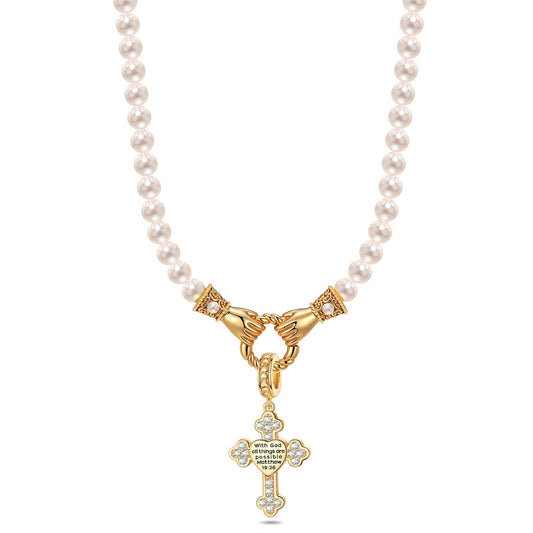 gona- God's Cross Tarnish-resistant Silver Pearl Necklace Set In 14K Gold Plated