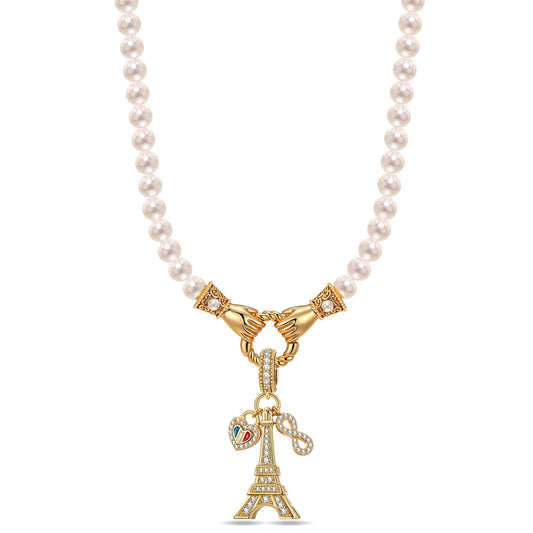 gona- Eiffel Flair Tarnish-resistant Silver Pearl Necklace Set With Ename lIn 14K Gold Plated