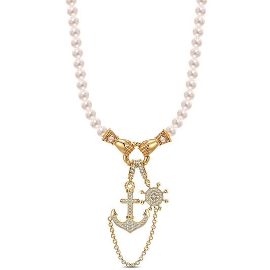 gona- Anchor And Helm Tarnish-resistant Silver Pearl Necklace Set In 14K Gold Plated