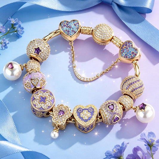 gona- Purple Pearl Wonderland Tarnish-Resistant Silver Charm Bracelet Set In 14K Gold Plated (Includes bracelet and all charms shown)
