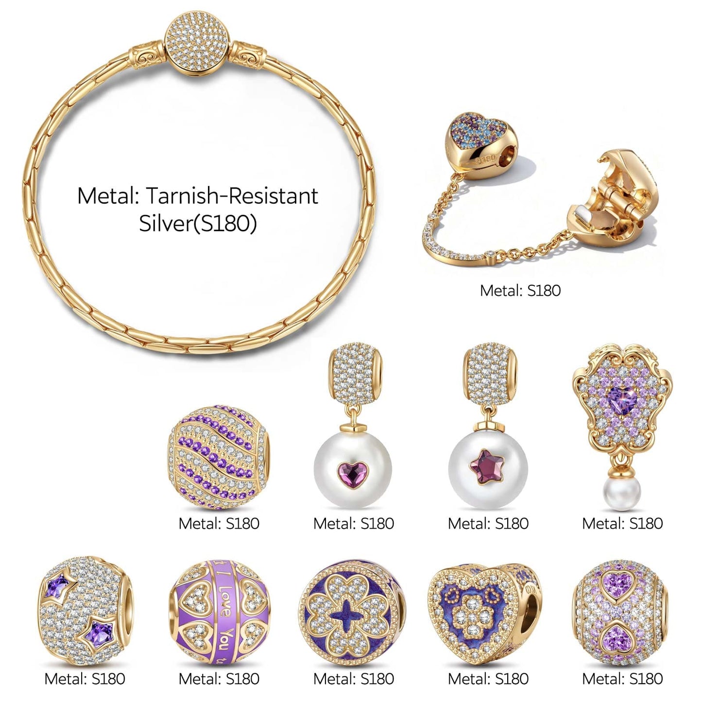 Purple Pearl Wonderland Tarnish-Resistant Silver Charm Bracelet Set In 14K Gold Plated (Includes bracelet and all charms shown)