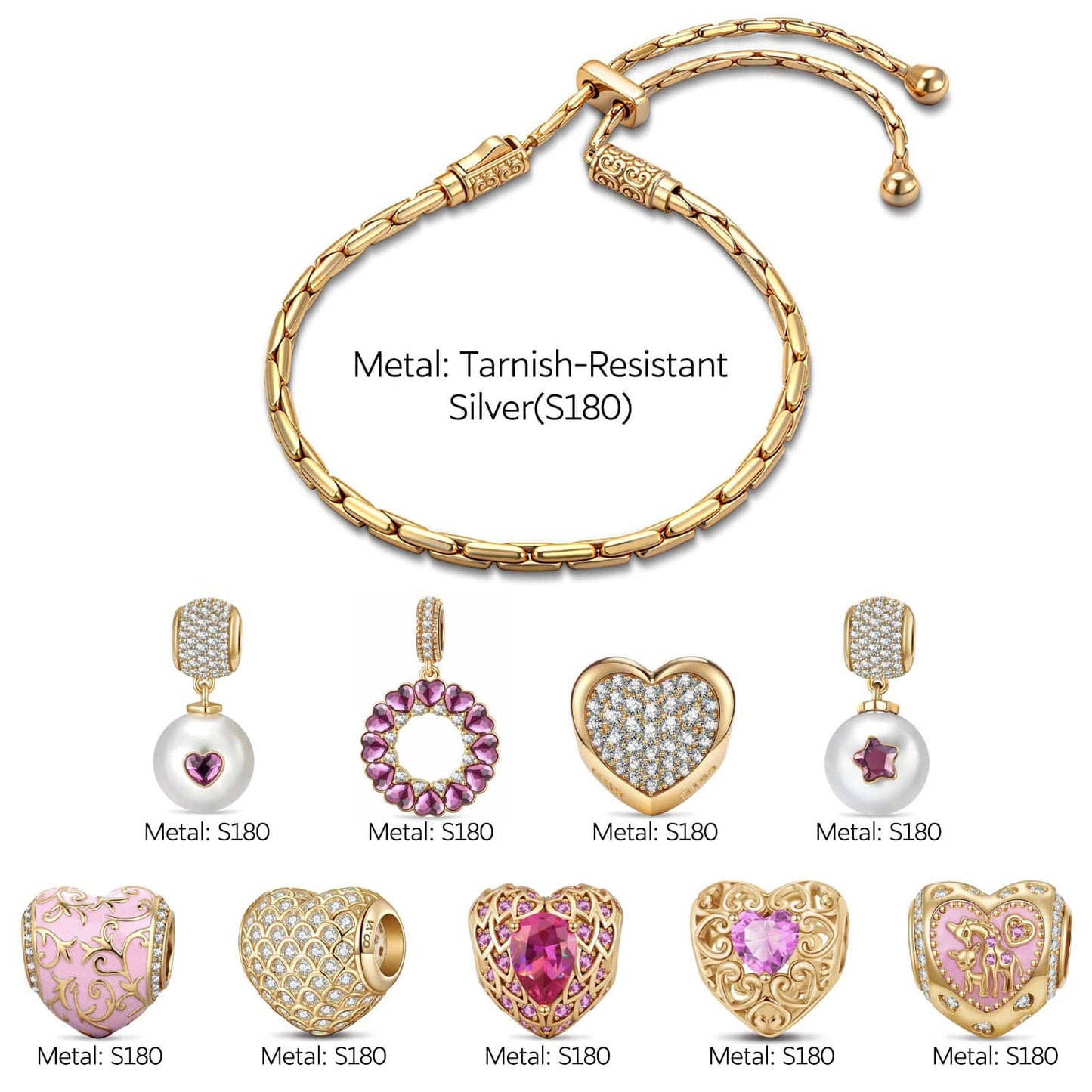 Sleeping Beauty Aurora Pink Heart Adjustable Tarnish-Resistant Silver Charm Bracelet Set In 14K Gold Plated (Includes bracelet and all charms shown)
