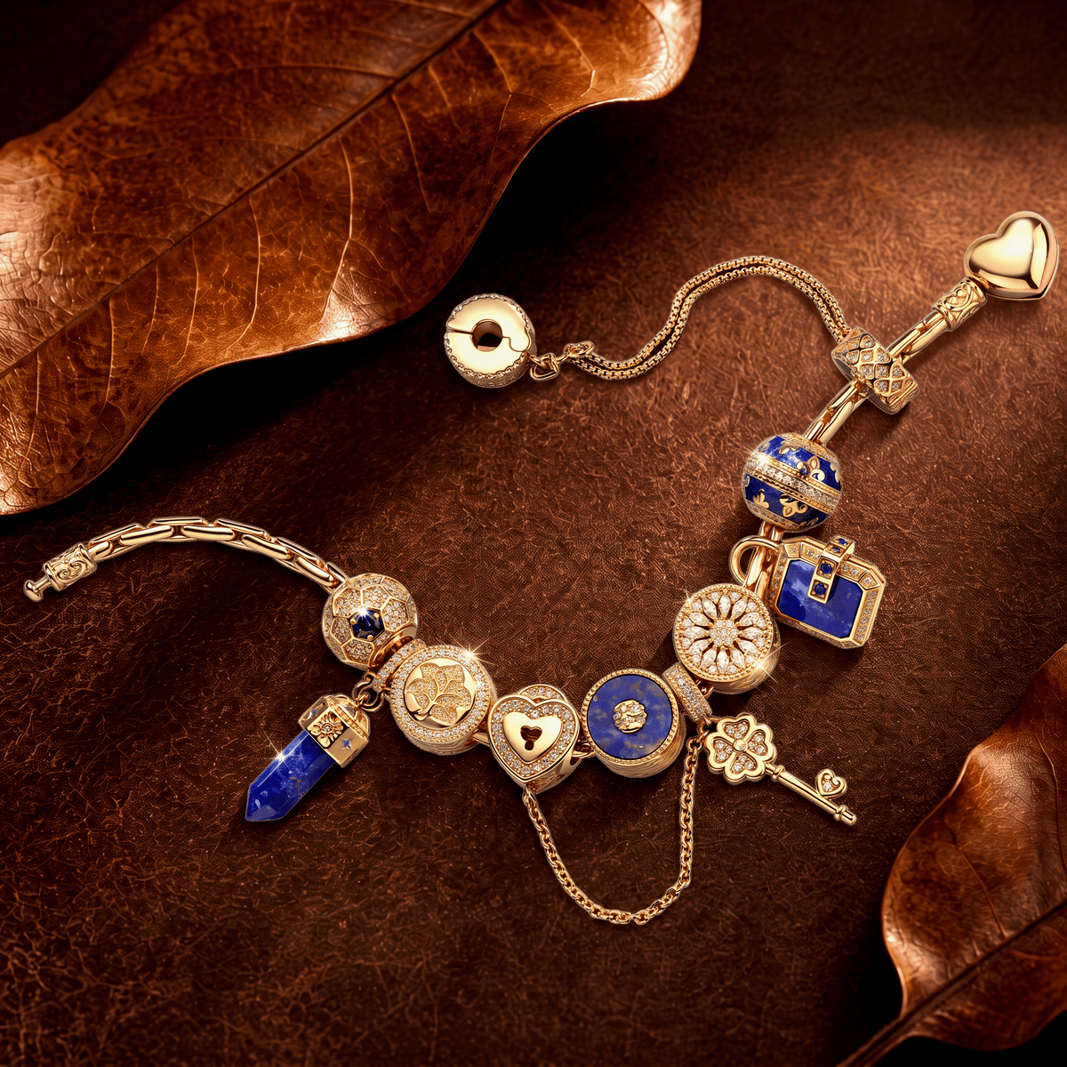 Sterling Silver Enchanted Treasure Curated Charm Bracelet Set with 14K Gold Plating (Includes Bracelet And All Charms Shown)