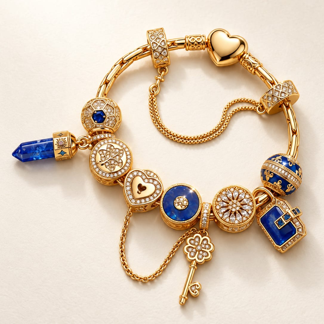 Sterling Silver Enchanted Treasure Curated Charm Bracelet Set with 14K Gold Plating (Includes Bracelet And All Charms Shown)
