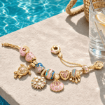 Sterling Silver Pink Coastal Turtle & Seashell Charm Bracelet Set In 14K Gold Plated (Includes Bracelet And All Charms Shown)