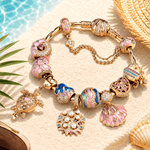 Sterling Silver Pink Coastal Turtle & Seashell Charm Bracelet Set In 14K Gold Plated (Includes Bracelet And All Charms Shown)