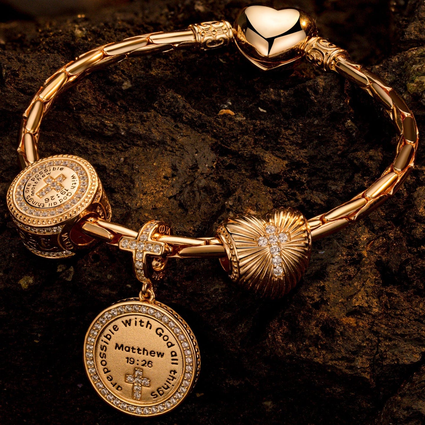 Sterling Silver God's Welfare Charms Bracelet Set In 14K Gold Plated (Includes bracelet and all charms shown)