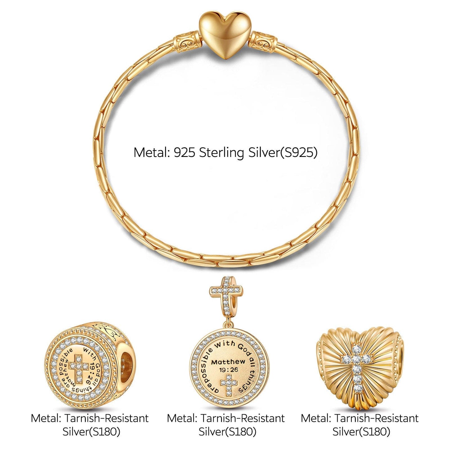 Sterling Silver God's Welfare Charms Bracelet Set In 14K Gold Plated (Includes bracelet and all charms shown)