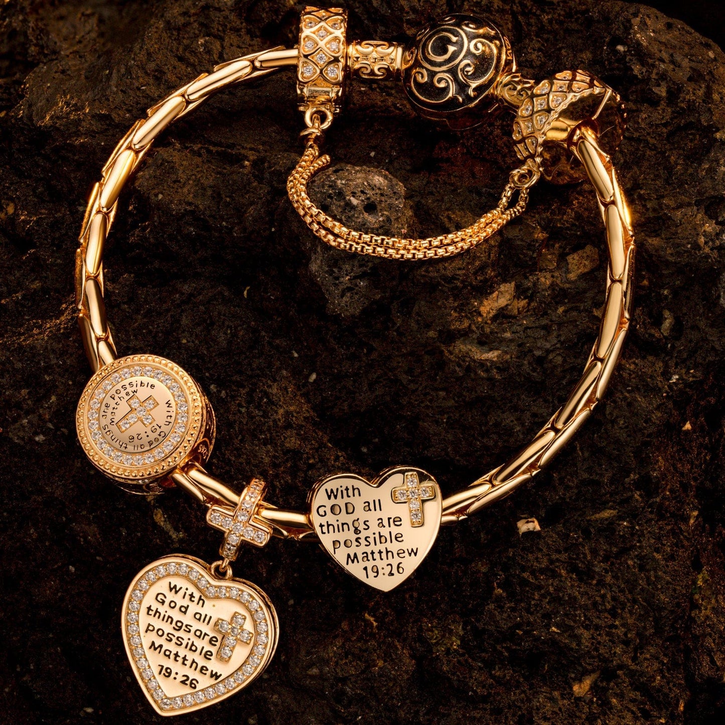 Sterling Silver The Holy Bible Charms Bracelet Set With Enamel In 14K Gold Plated (Includes bracelet and all charms shown)