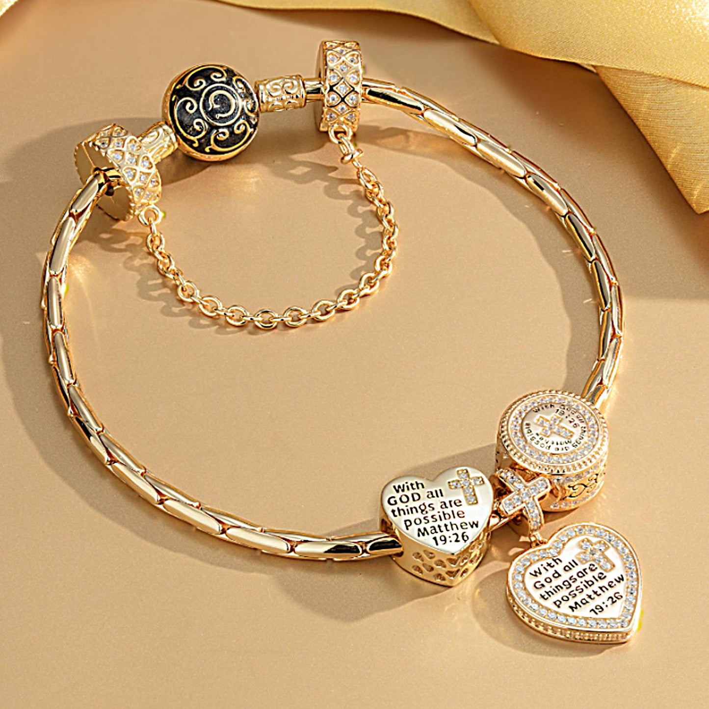 Sterling Silver The Holy Bible Charms Bracelet Set With Enamel In 14K Gold Plated (Includes bracelet and all charms shown)