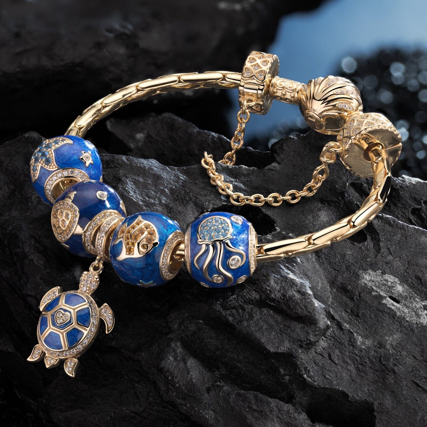 Sterling Silver Marine Animal Charms Bracelet Set With Enamel In 14K Gold Plated