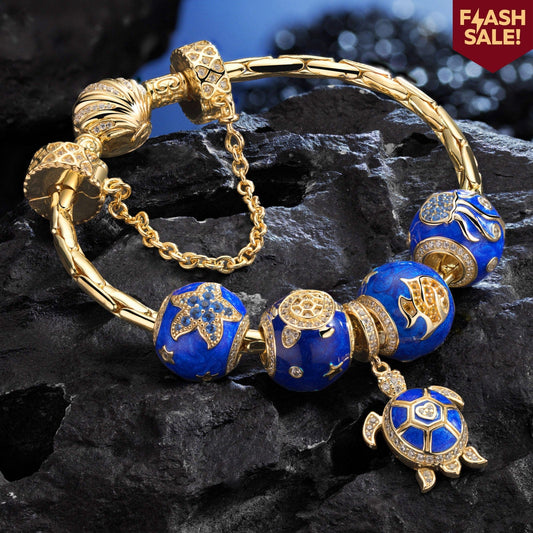 gona- Sterling Silver Marine Animal Charms Bracelet Set With Enamel In 14K Gold Plated (Includes bracelet and all charms shown)