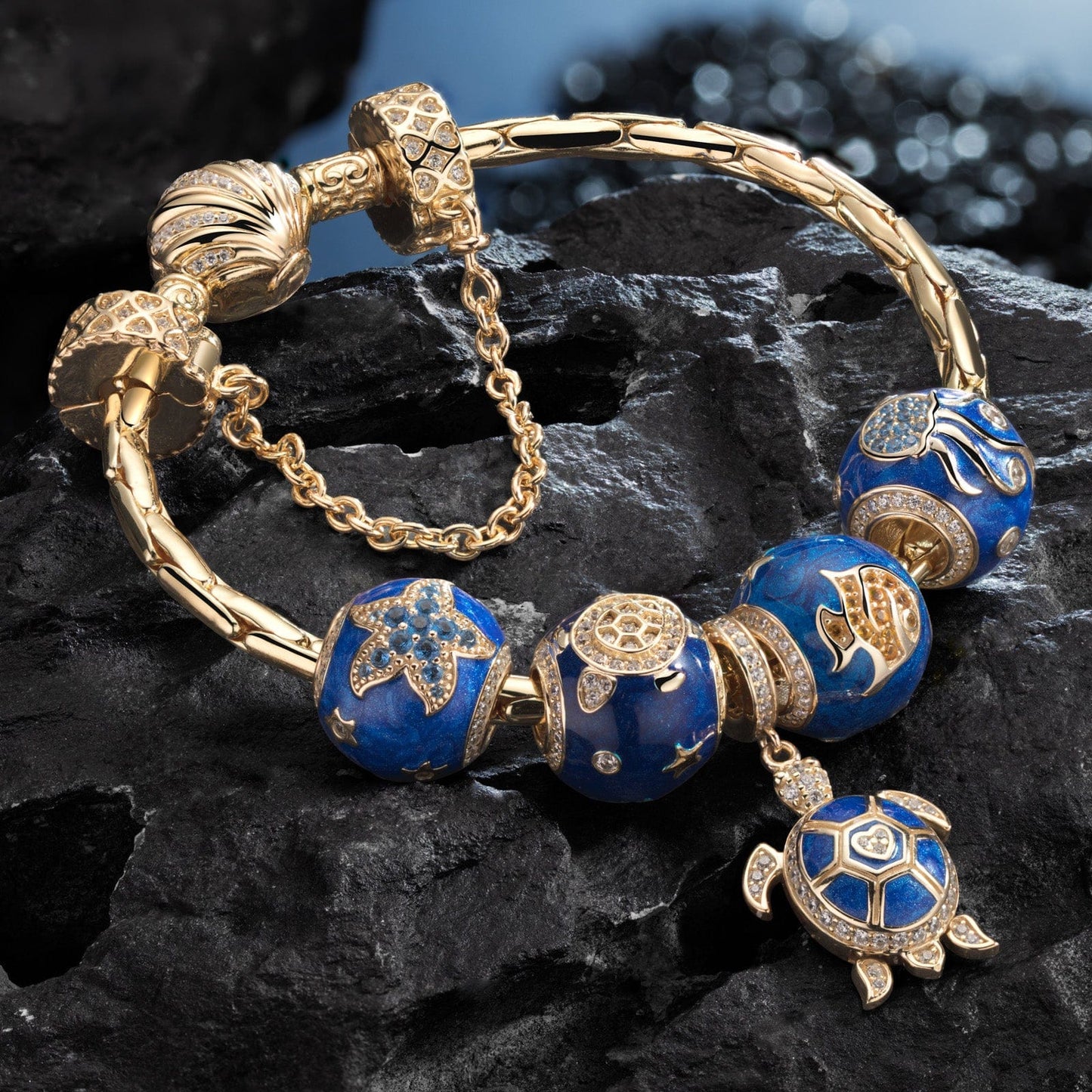 Sterling Silver Marine Animal Charms Bracelet Set With Enamel In 14K Gold Plated