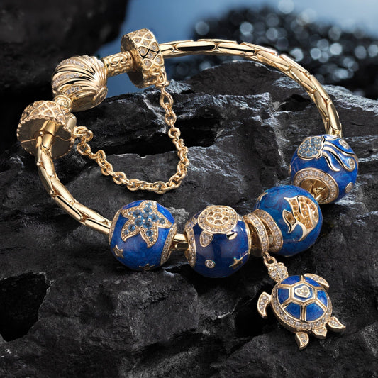 gon- Sterling Silver Marine Animal Charms Bracelet Set With Enamel In 14K Gold Plated (Includes bracelet and all charms shown)