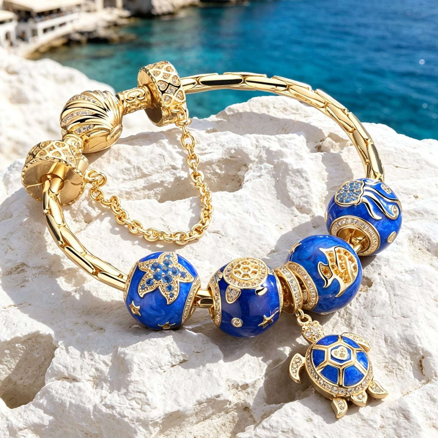 Sterling Silver Marine Animal Charms Bracelet Set With Enamel In 14K Gold Plated (Includes bracelet and all charms shown)
