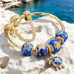 Sterling Silver Marine Animal Charms Bracelet Set With Enamel In 14K Gold Plated (Includes bracelet and all charms shown)