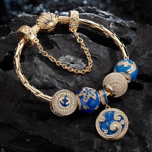 gon- Sterling Silver Blue Ocean Charms Bracelet Set With Enamel In 14K Gold Plated