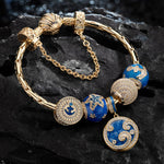 Sterling Silver Blue Ocean Charms Bracelet Set With Enamel In 14K Gold Plated