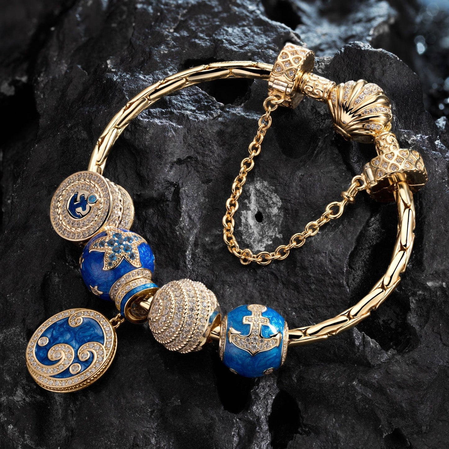[💥As @teddilovesfashion's Pick] Sterling Silver Blue Ocean Charms Bracelet Set With Enamel In 14K Gold Plated (Includes bracelet and all charms shown)