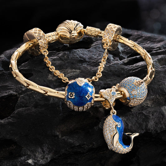 gon- Sterling Silver Blue Whale Family Charms Bracelet Set With Enamel In 14K Gold Plated