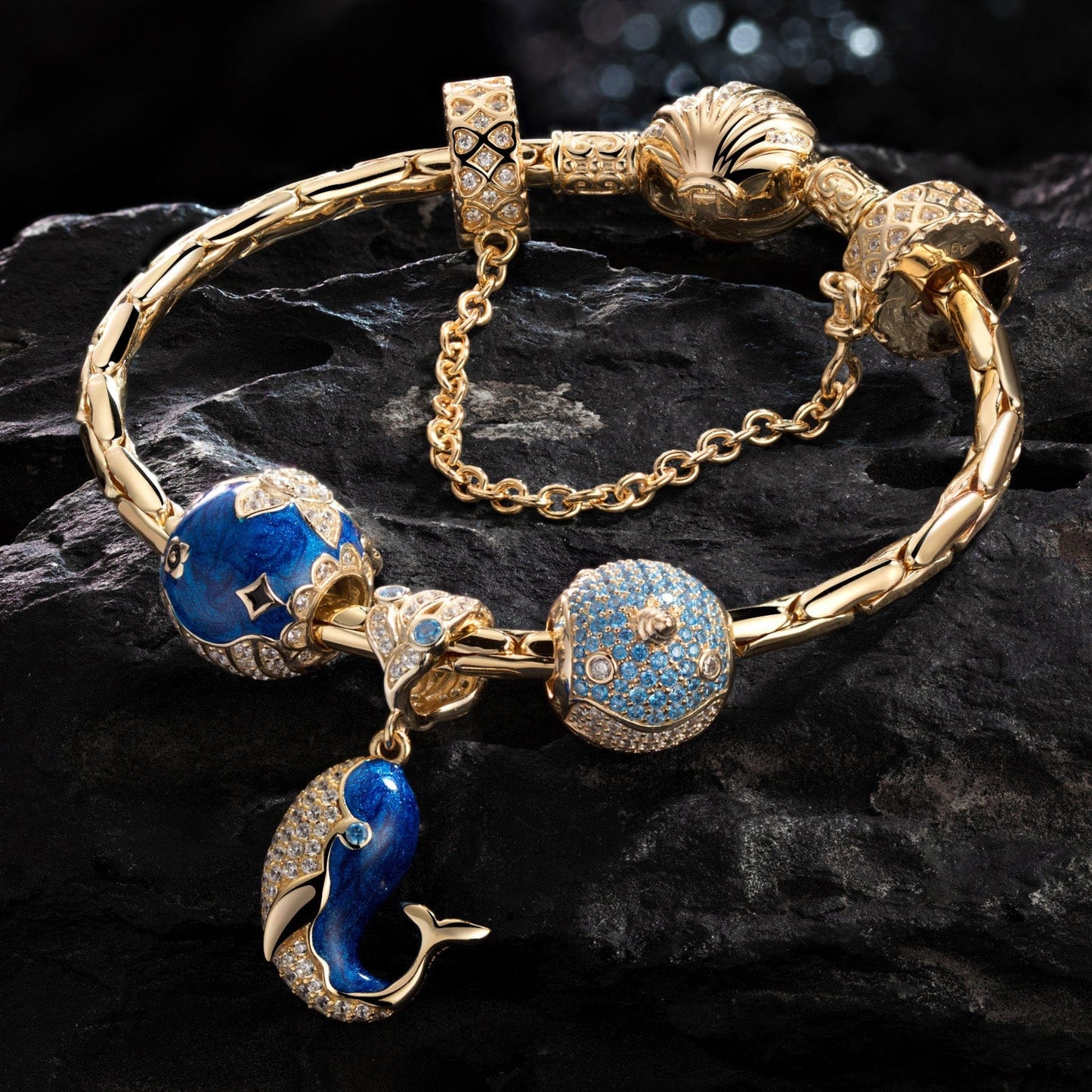 Sterling Silver Blue Whale Family Charms Bracelet Set With Enamel In 14K Gold Plated