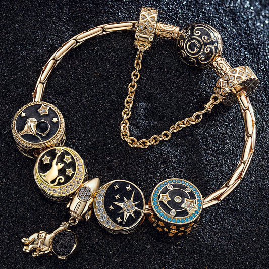 gon- Sterling Silver Traveling In Space Charms Bracelet Set With Enamel In 14K Gold Plated