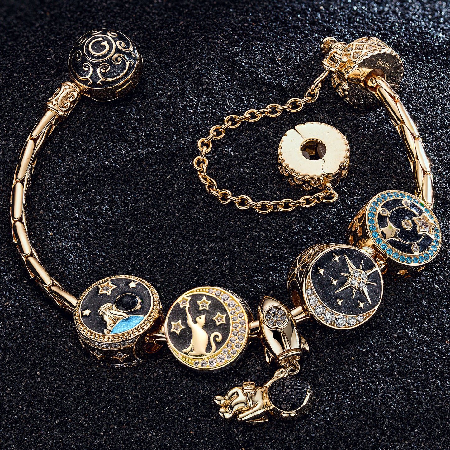 Sterling Silver Traveling In Space Charms Bracelet Set With Enamel In 14K Gold Plated (Includes bracelet and all charms shown)