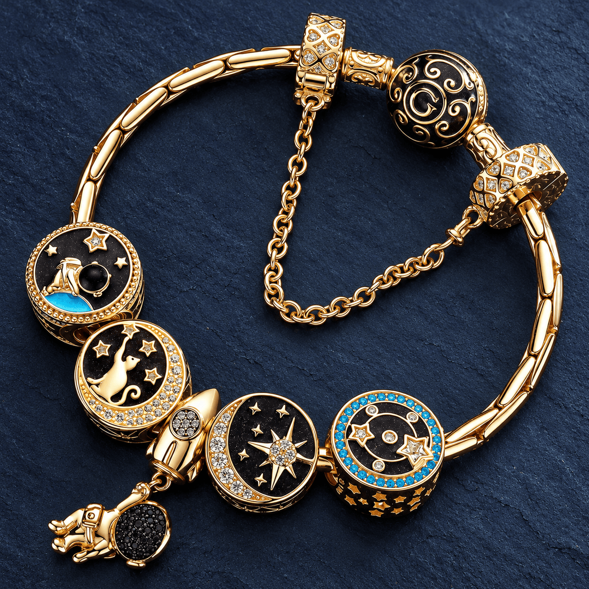 Sterling Silver Traveling In Space Charms Bracelet Set With Enamel In 14K Gold Plated (Includes bracelet and all charms shown)