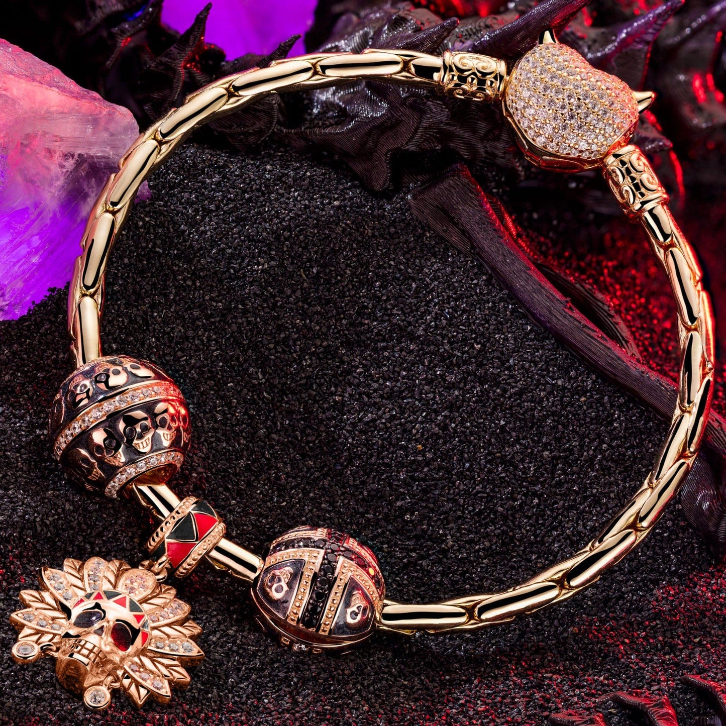 Sterling Silver Halloween & Skull Charms Bracelet Set With Enamel In Rose Gold Plated (Includes bracelet and all charms shown)