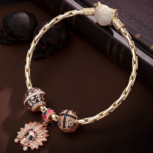 gon- Sterling Silver Halloween & Skull Charms Bracelet Set With Enamel In Rose Gold Plated