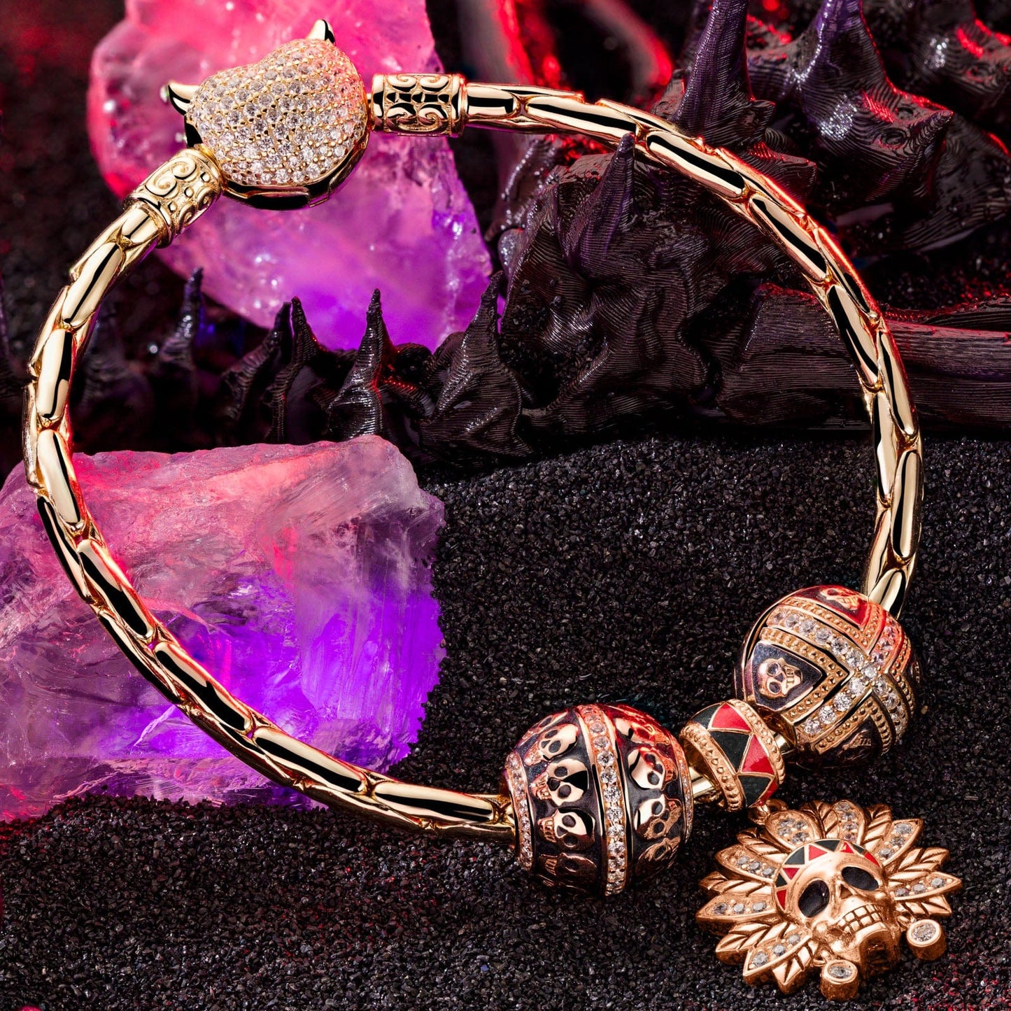 Sterling Silver Halloween & Skull Charms Bracelet Set With Enamel In Rose Gold Plated (Includes bracelet and all charms shown)
