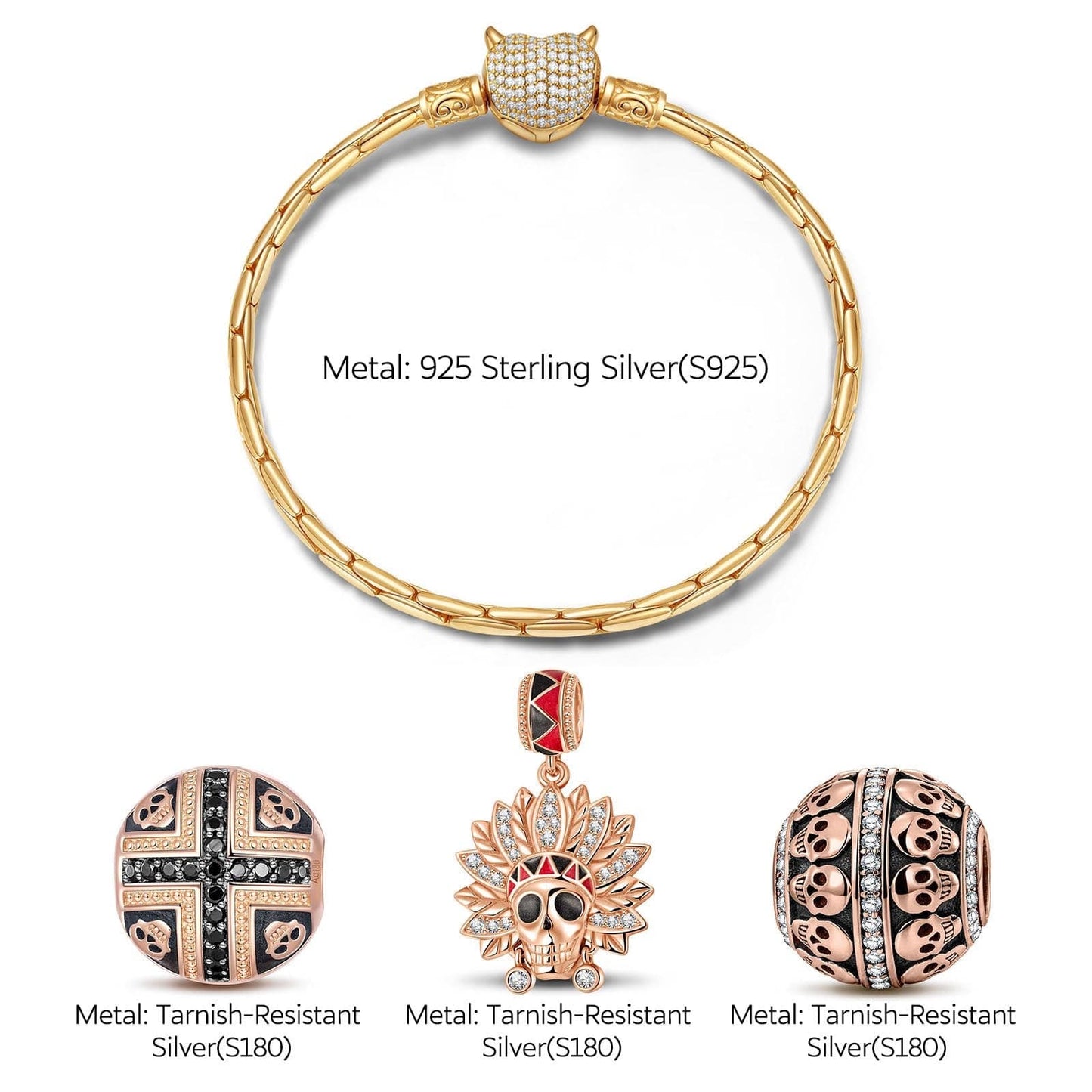 Sterling Silver Halloween & Skull Charms Bracelet Set With Enamel In Rose Gold Plated (Includes bracelet and all charms shown)