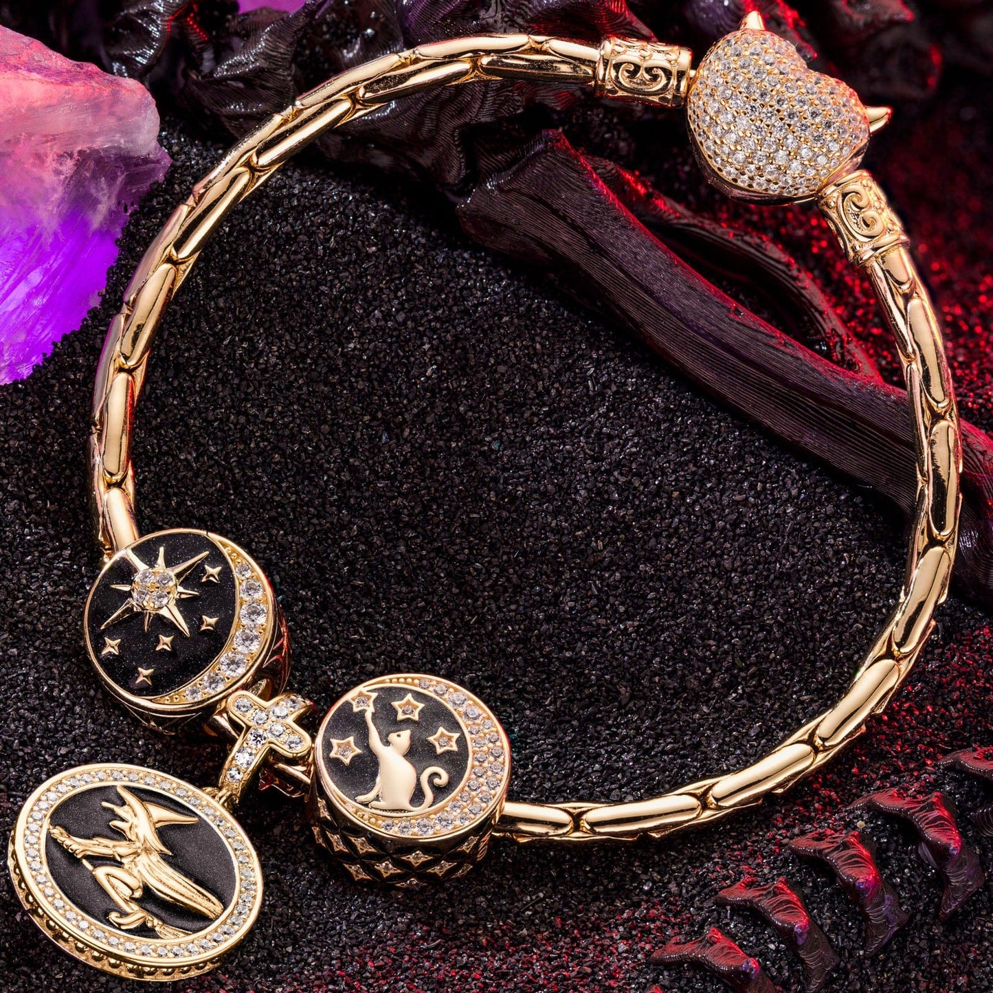 Sterling Silver Halloween Night Charms Bracelet Set With Enamel In 14K Gold Plated (Includes bracelet and all charms shown)
